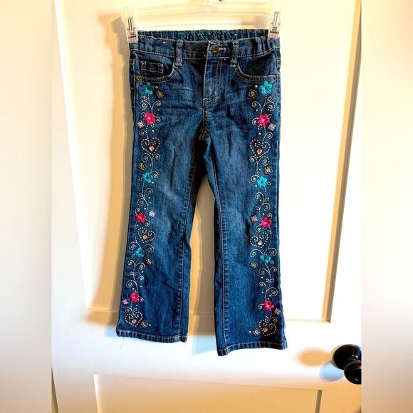 BONGO KIDS TODDLER GIRLs Embroidered Jeans - Blue with Pink and Green Accents - Picture 1 of 5